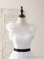 White A-Line Lace Tulle Long Prom Dress, White Evening Dress