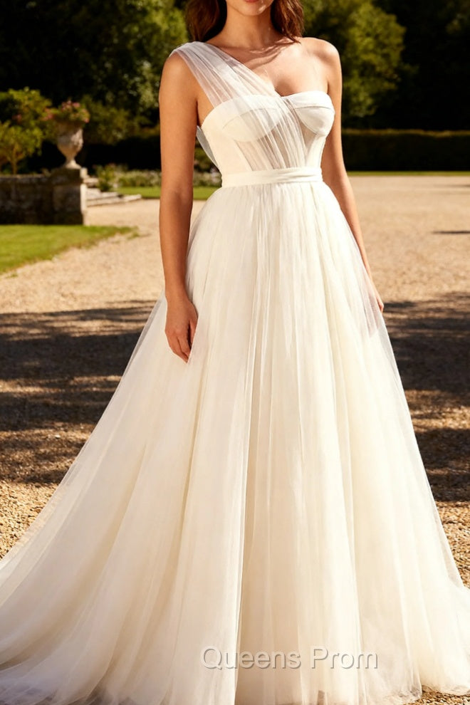 White A Line One Shoulder Corset Long Prom Dress With Slit Main image