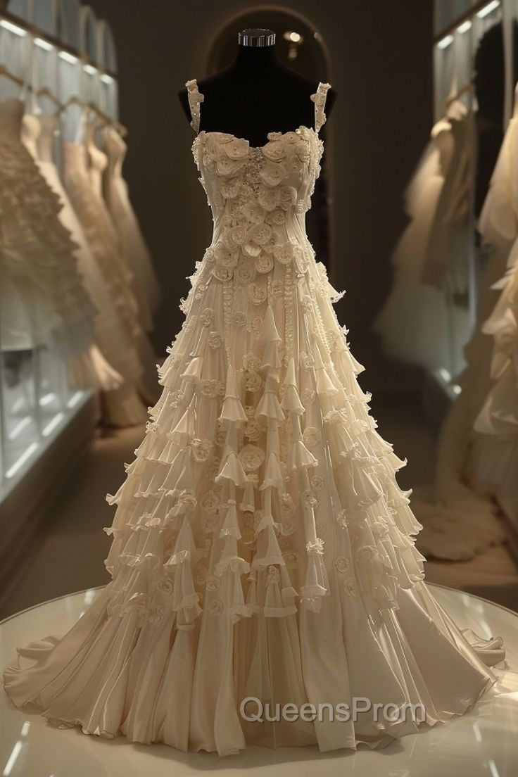 White A-Line Spaghetti Straps Chiffon Satin Long Wedding Dress With Beaded Appliques Simple Evening Prom Dress Secondary image