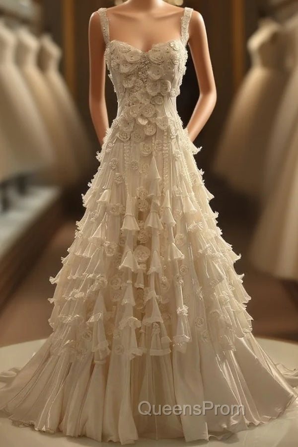 White A-Line Spaghetti Straps Chiffon Satin Long Wedding Dress With Beaded Appliques Simple Evening Prom Dress Main image