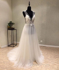 White A-Line Tulle Lace Long Evening Prom Dress, White Wedding Dress
