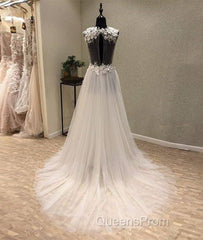 White A-Line Tulle Lace Long Evening Prom Dress, White Wedding Dress