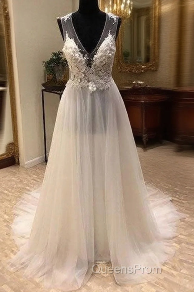 White A-Line Tulle Lace Long Evening Prom Dress, White Wedding Dress Main image