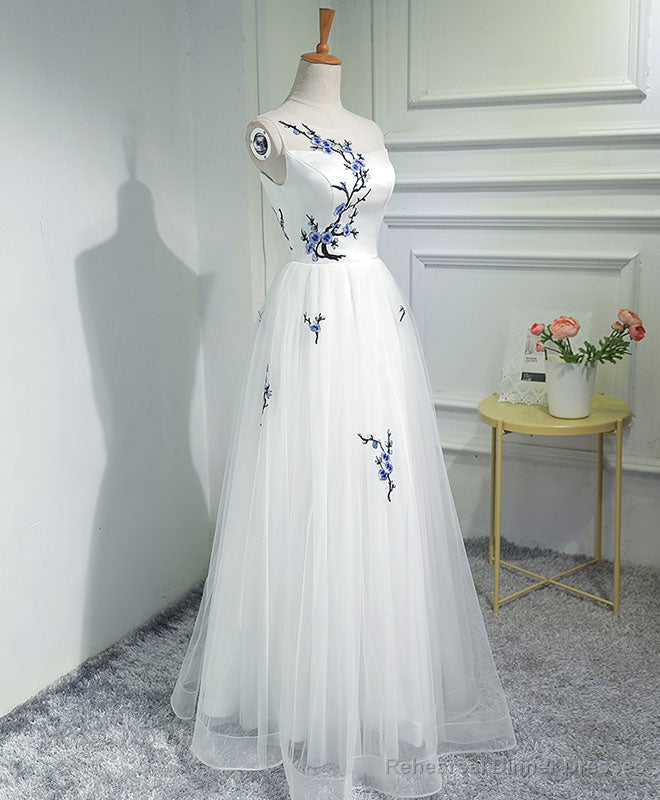 White A-Line Tulle Long Prom Dress, White Evening Dress Main image