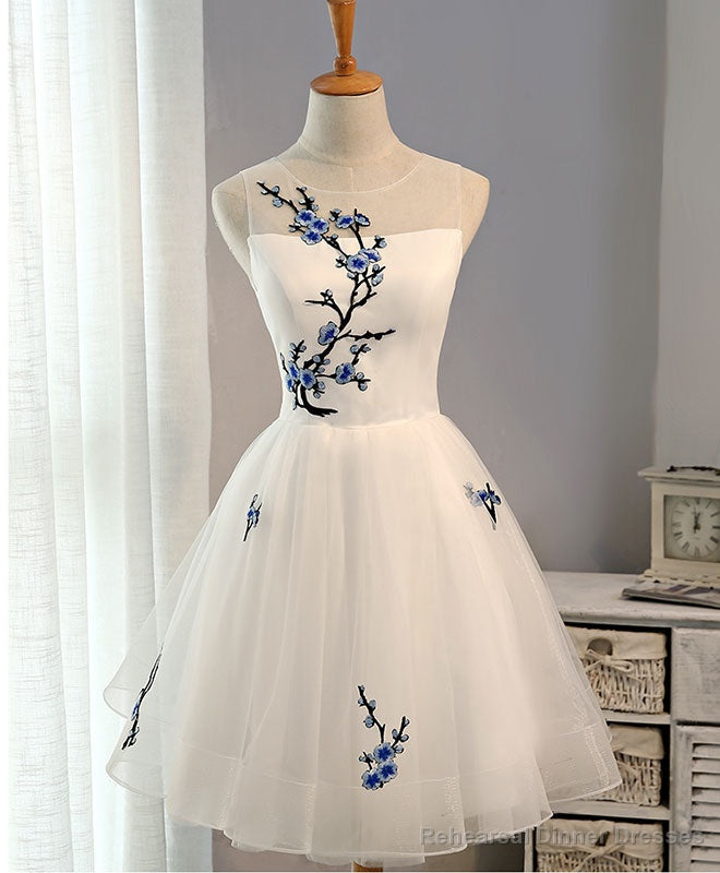 White A-Line Tulle Short Prom Dress, White Evening Dress Main image