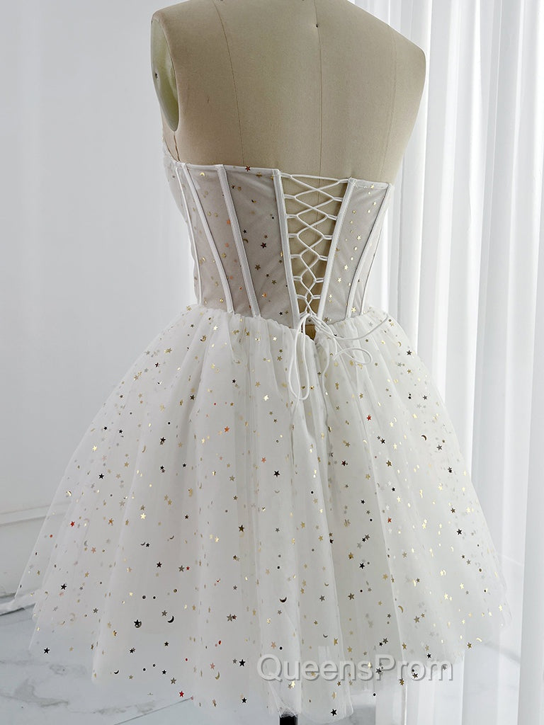 White A-Line Tulle Star Short Evening Prom Dress, White Cute Homecoming Dress Secondary image