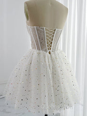 White A-Line Tulle Star Short Evening Prom Dress, White Cute Homecoming Dress