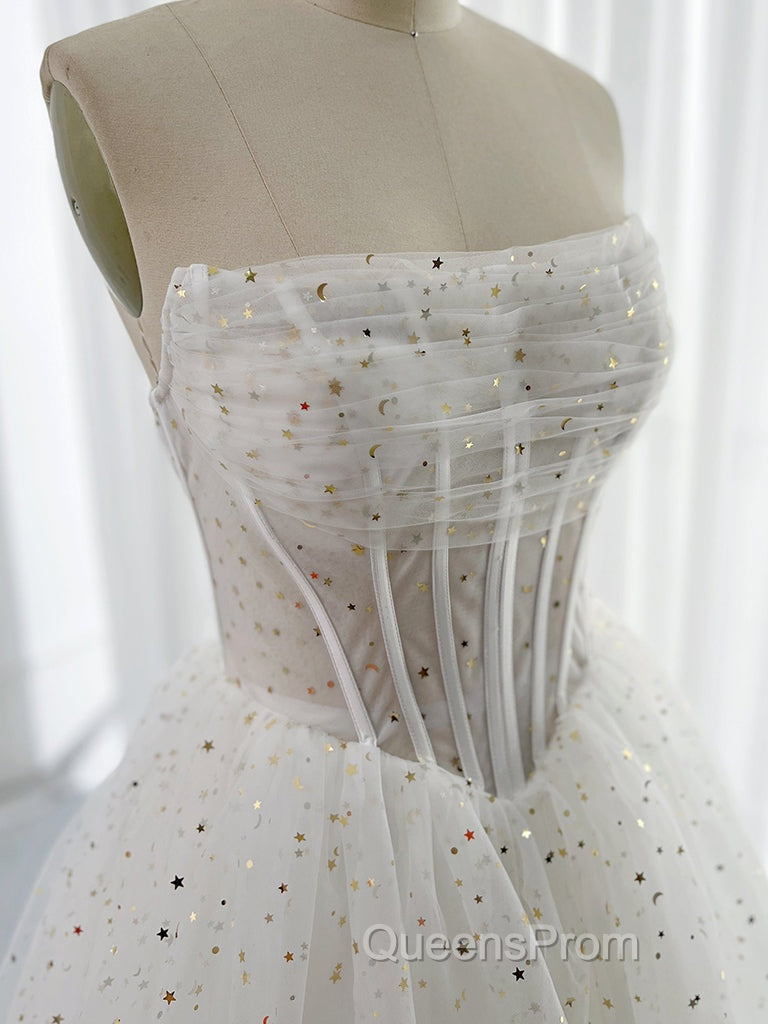 White A-Line Tulle Star Short Evening Prom Dress, White Cute Homecoming Dress