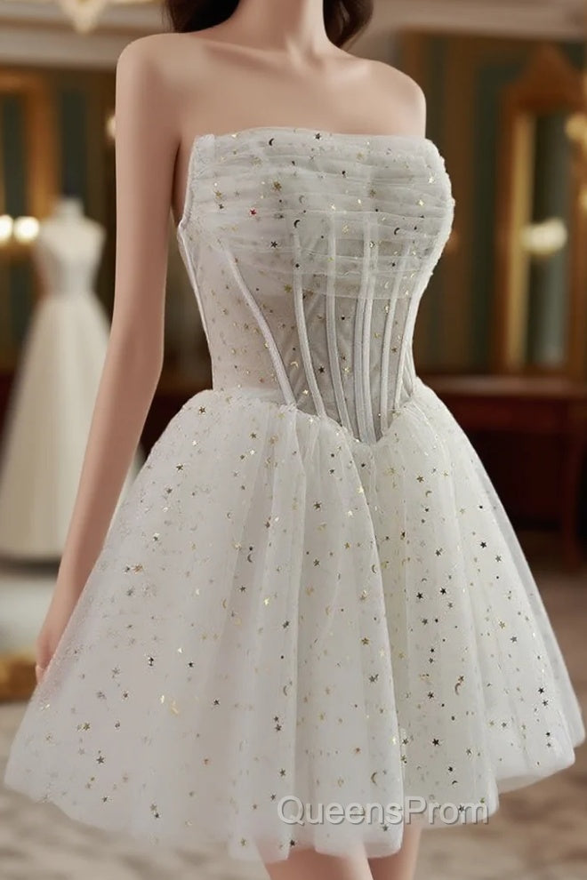 White A-Line Tulle Star Short Evening Prom Dress, White Cute Homecoming Dress Main image