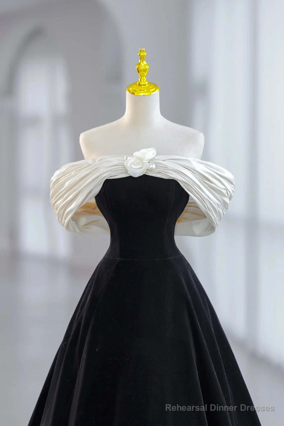 White and Black Velvet Short Prom Dress, Black Off Shoulder Evening Dress Secondary image