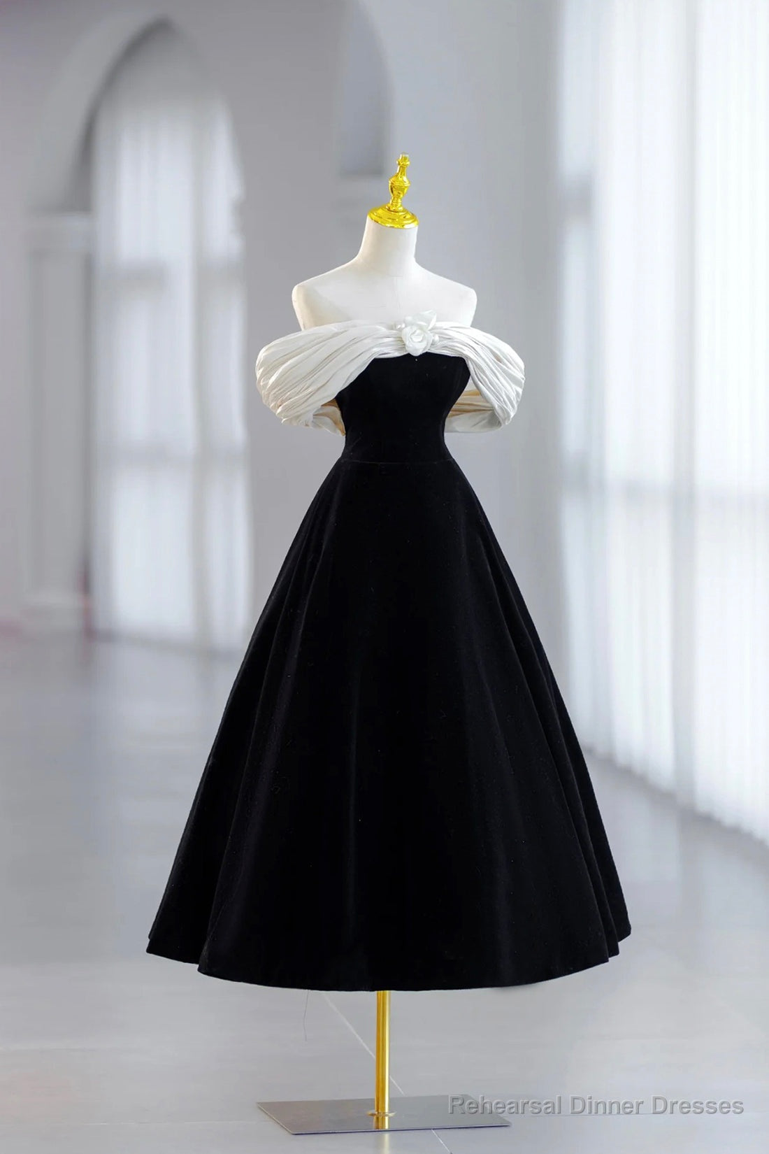White and Black Velvet Short Prom Dress, Black Off Shoulder Evening Dress Main image