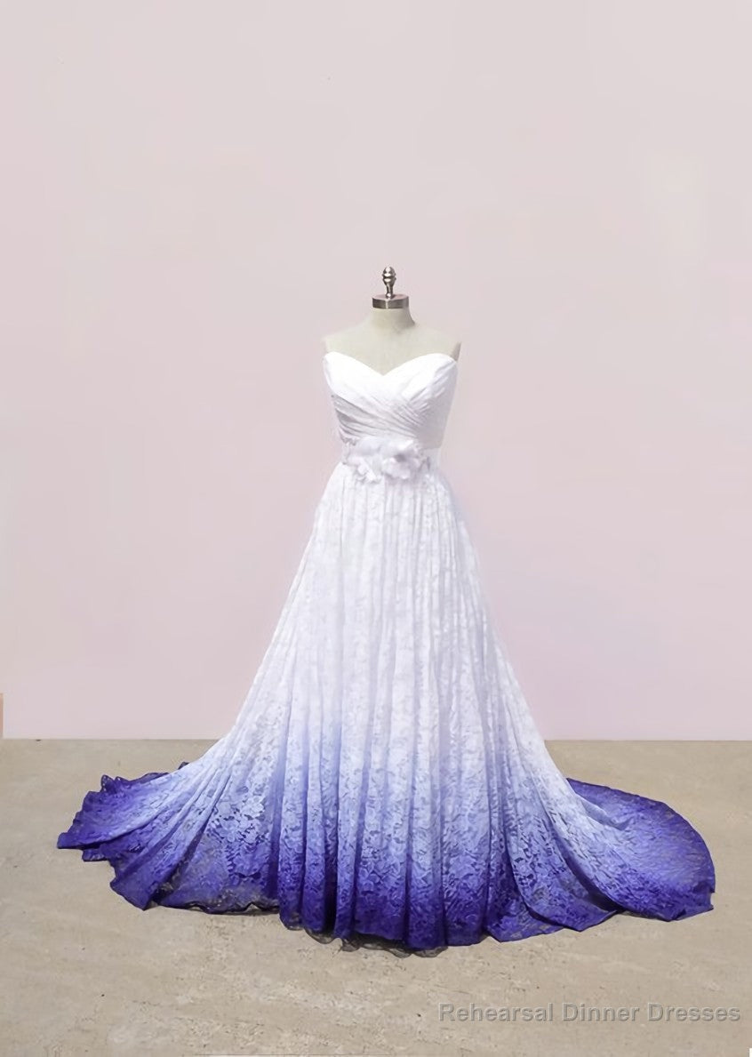 White and Purple Sweetheart Lace Prom Dress, Ombre Prom Dresses with Flowers Main image