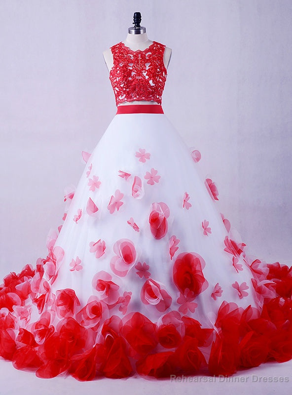 White And Red Girls Flowers Vintage Lace Two Piece Prom Dress Main image