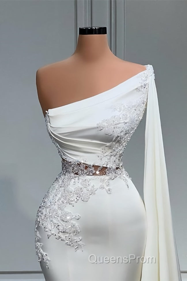 White Asymmetric One Shoulder Mermaid Stretch Satin Evening Evening Prom Dress Secondary image