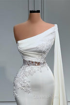 White Asymmetric One Shoulder Mermaid Stretch Satin Evening Evening Prom Dress