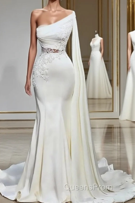 White Asymmetric One Shoulder Mermaid Stretch Satin Evening Evening Prom Dress Main image