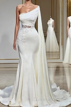 White Asymmetric One Shoulder Mermaid Stretch Satin Evening Evening Prom Dress