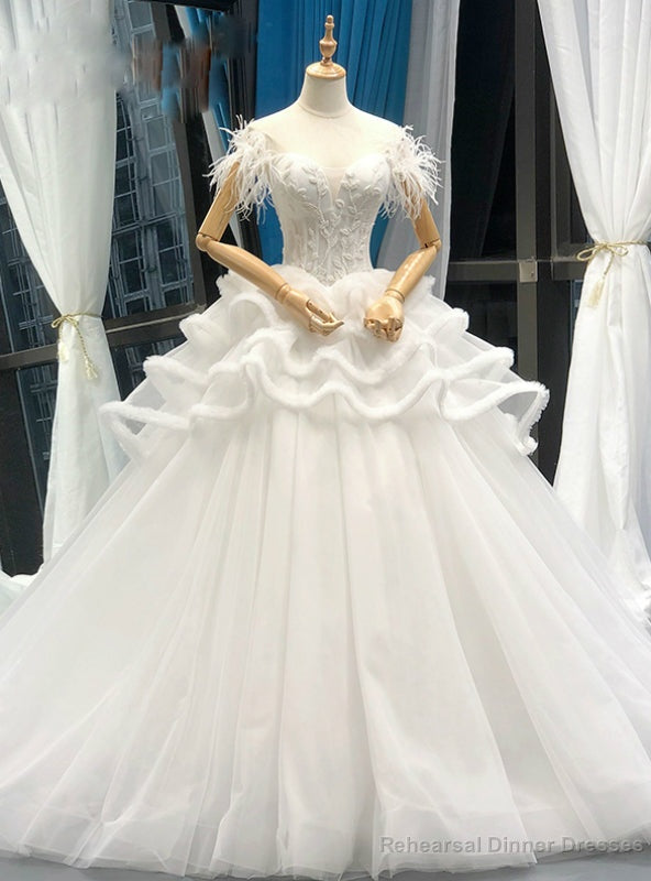 White Ball Gown Corset Tulle Off The Shoulder Wedding Dress With Feather Main image