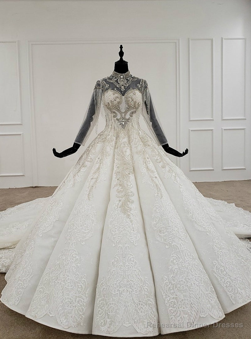 White Ball Gown Lace Appliques High Neck Beading Crystal Wedding Dress Main image