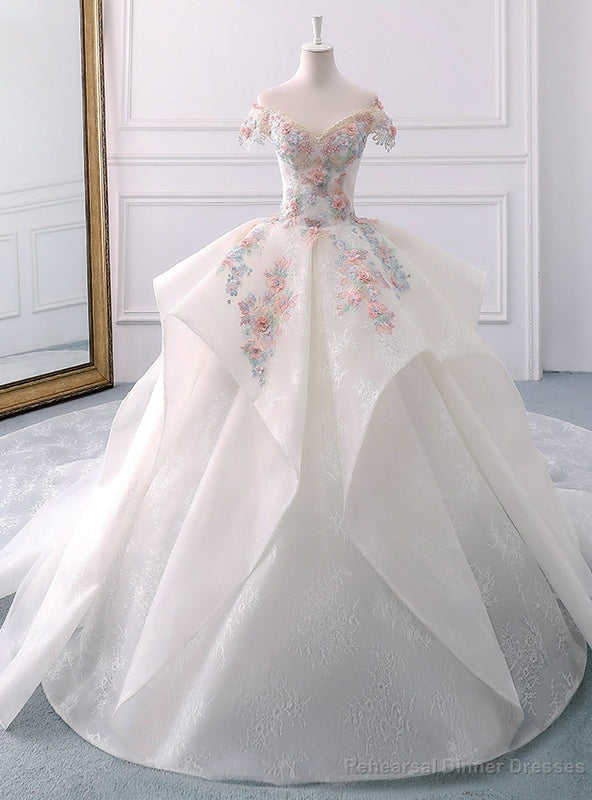 White Ball Gown Lace Off The Shoulder Flower Wedding Dress Main image