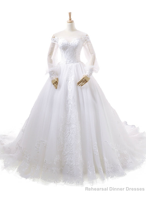 White Ball Gown Off The Shoulder Long Sleeve Appliques Wedding Dress