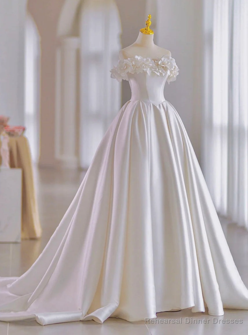 White Ball Gown Satin Off the Shoulder Flower Wedding Dress Main image