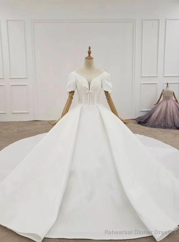 White Ball Gown Satin Puff Sleeve Wedding Dress With Long Train Main image