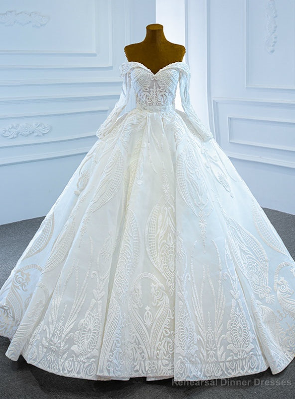 White Ball Gown Sequins Off the Shoulder Long Sleeve Beading Wedding Dress Main image