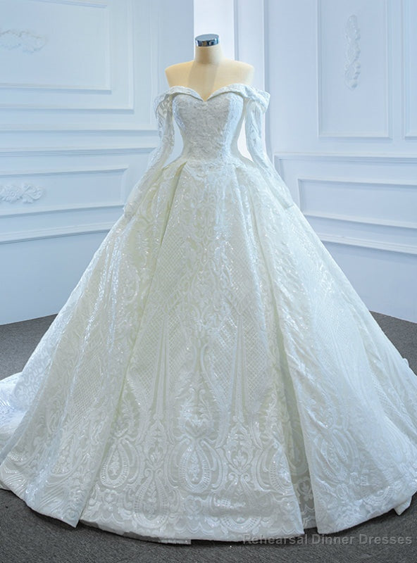 White Ball Gown Sequins Off the Shoulder Long Sleeve Wedding Dress Main image