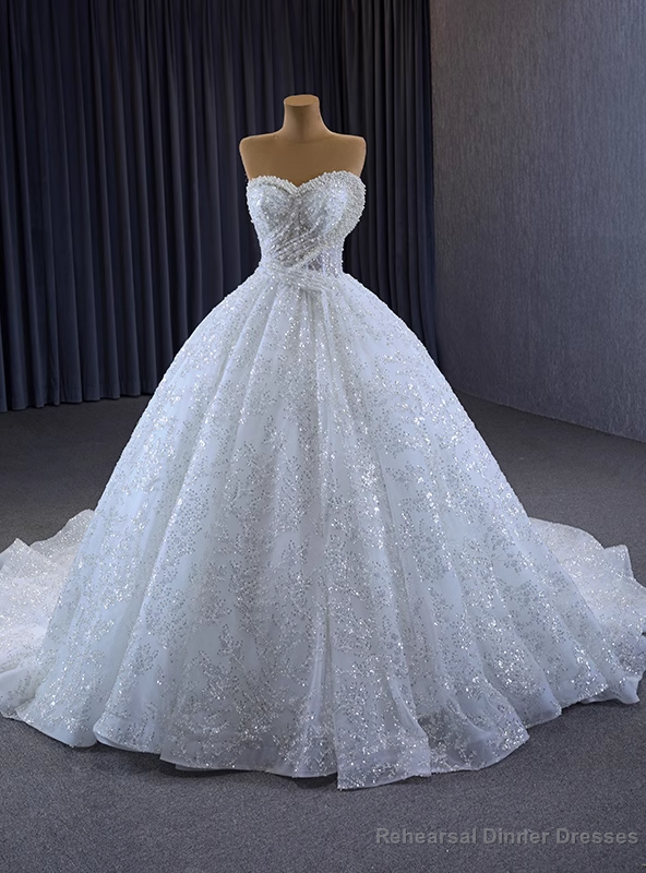 White Ball Gown Sequins Sweetheart Pearls Wedding Dress Main image