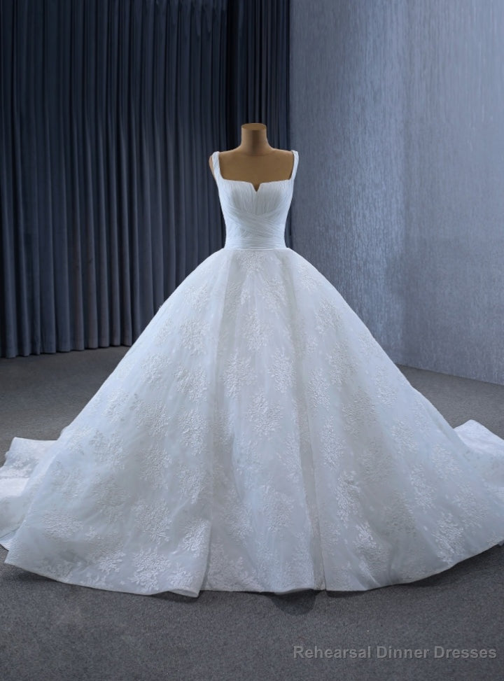White Ball Gown Straps Pleats Appliques Wedding Dress Main image