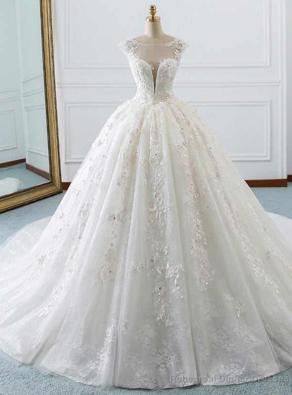 White Ball Gown Tulle Appliques Backless Cap Sleeve Wedding Dress Main image
