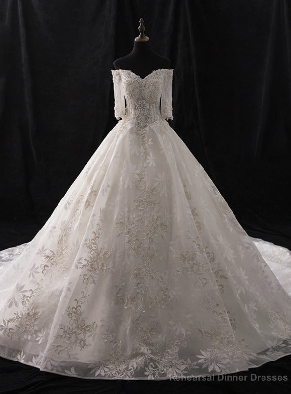 White Ball Gown Tulle Appliques Short Sleeve With Beading Wedding Dress Main image