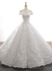 White Ball Gown Tulle Lace Appliques Off the Shoulder Prom Dress