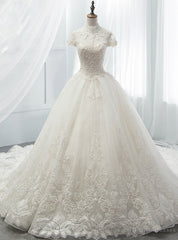 White Ball Gown Tulle Lace High Neck Cap Sleeve Wedding Dress