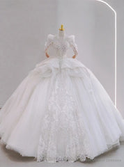 White Ball Gown Tulle Long Sleeve Appliques Backless Wedding Dress