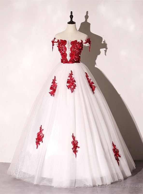 White Ball Gown Tulle Off the Shoulder Appliques Beading Quinceanera Dress Main image