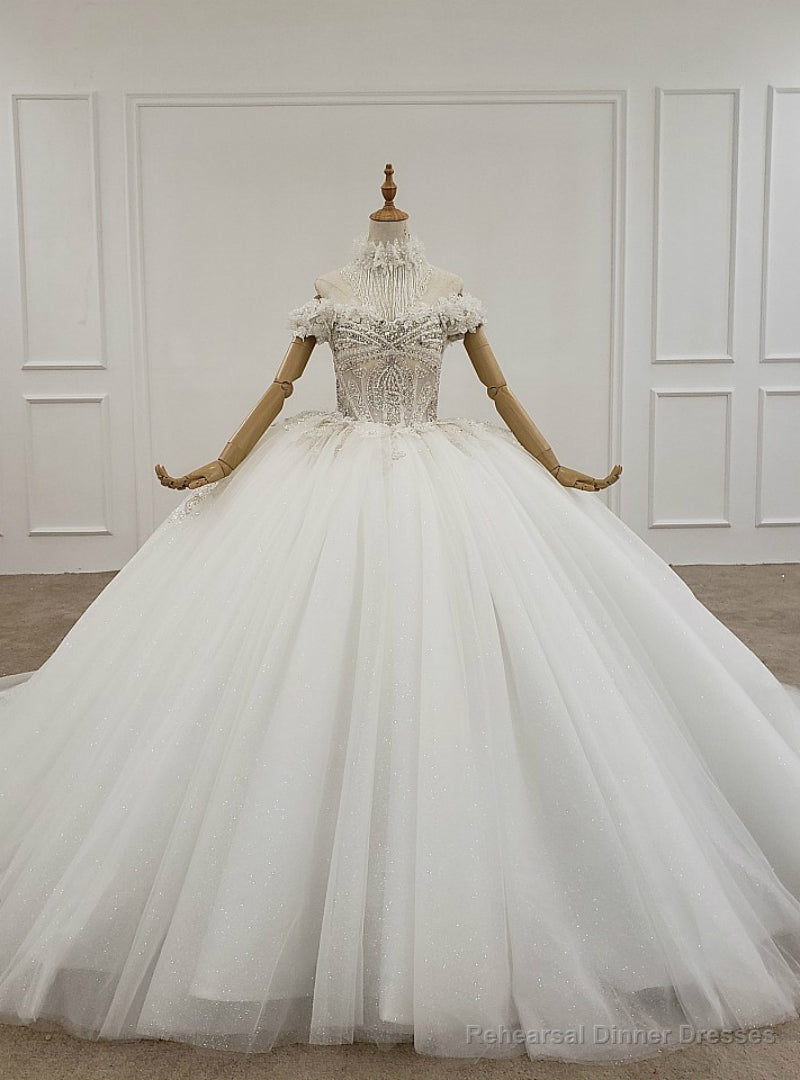 White Ball Gown Tulle Off the Shoulder Appliques Beading Wedding Dress Main image