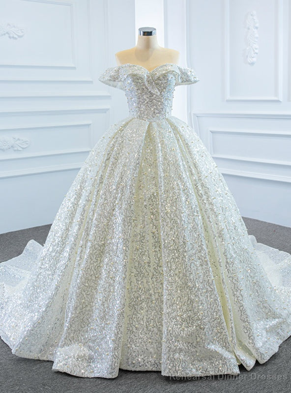 White Ball Gown Tulle Sequins Off the Shoulder Pearls Wedding Dress Main image