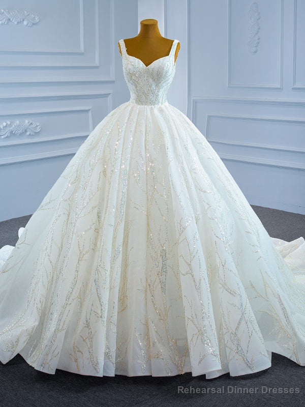 White Ball Gown Tulle Sequins Straps Wedding Dress Main image