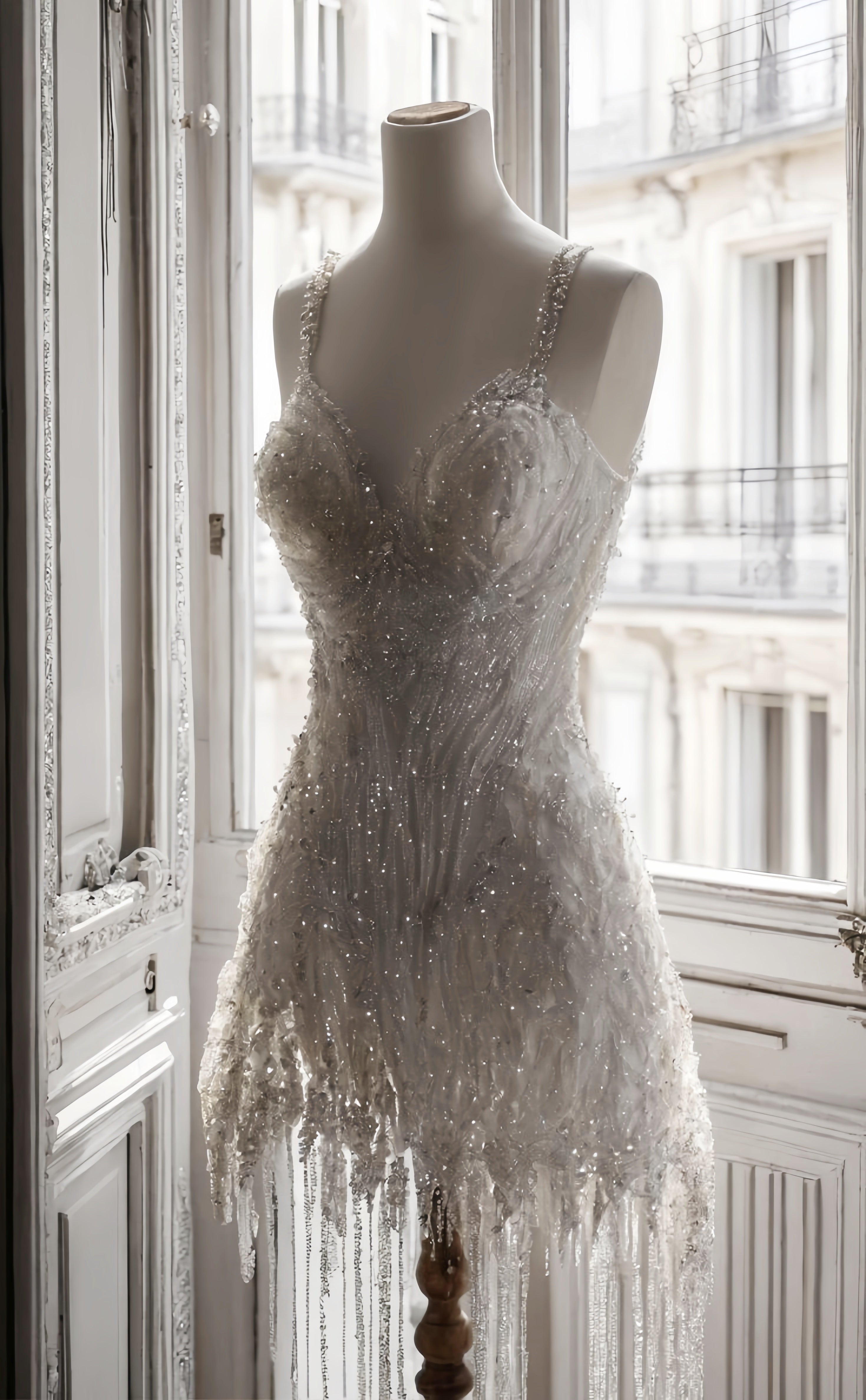 White Beaded Short Classy Prom Dress,