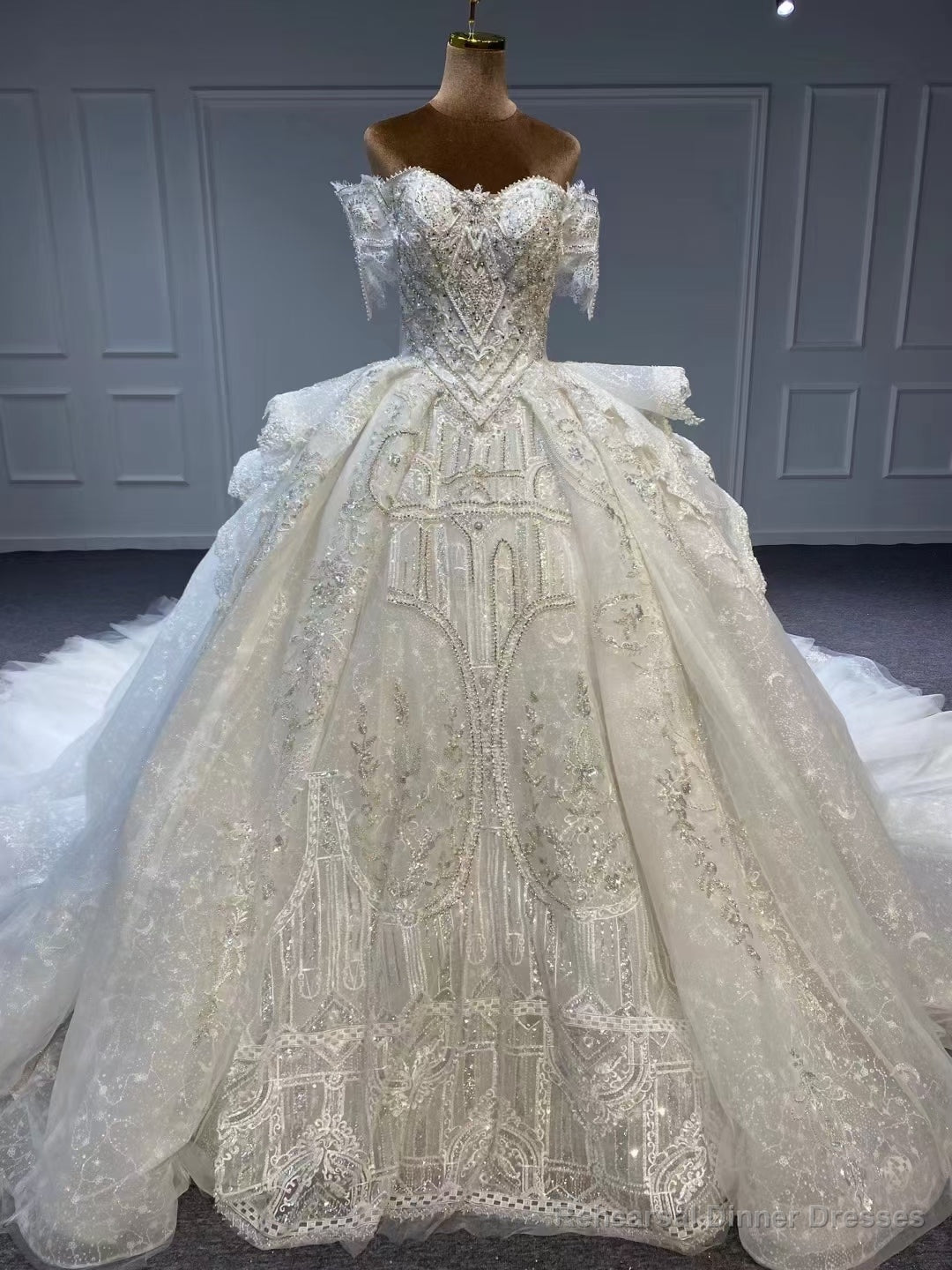 White Beading Tulle Off the Shoulder Wedding Dress Main image