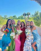 White Blue Floral A-Line Classy Prom Dress Long Classy Evening Gown