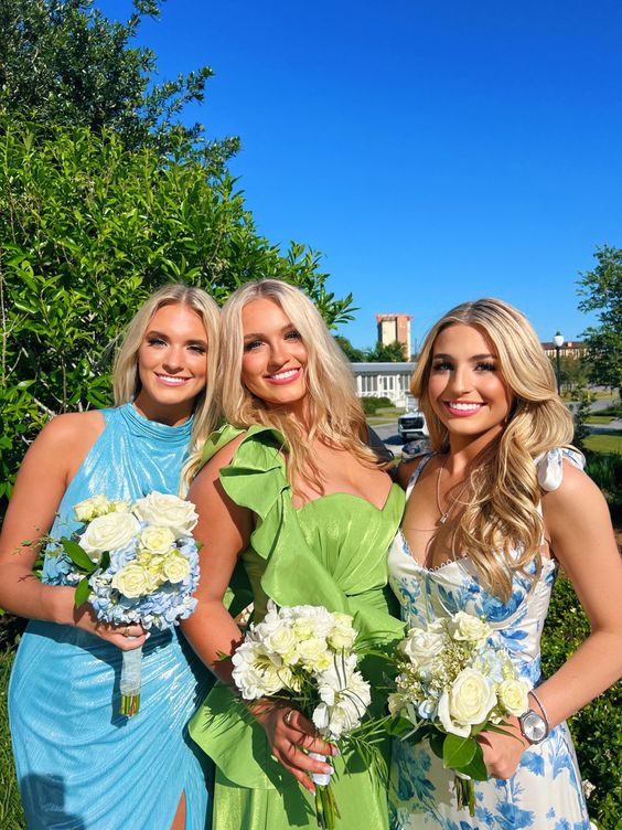 White Blue Floral A-Line Classy Prom Dress Long Classy Evening Gown