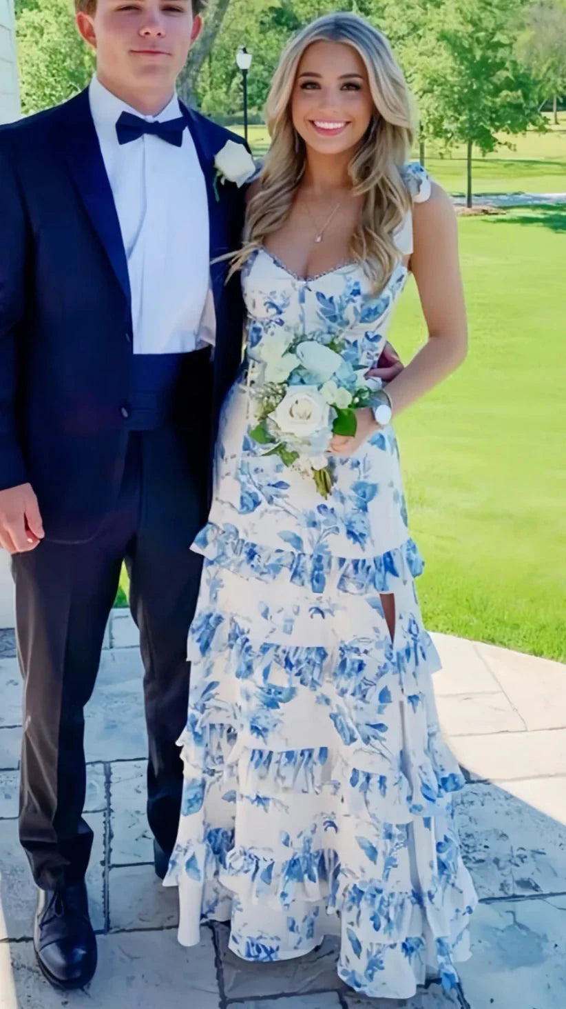 White Blue Floral A-Line Classy Prom Dress Long Classy Evening Gown Secondary image