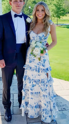 White Blue Floral A-Line Classy Prom Dress Long Classy Evening Gown