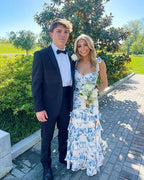 White Blue Floral A-Line Classy Prom Dress Long Classy Evening Gown