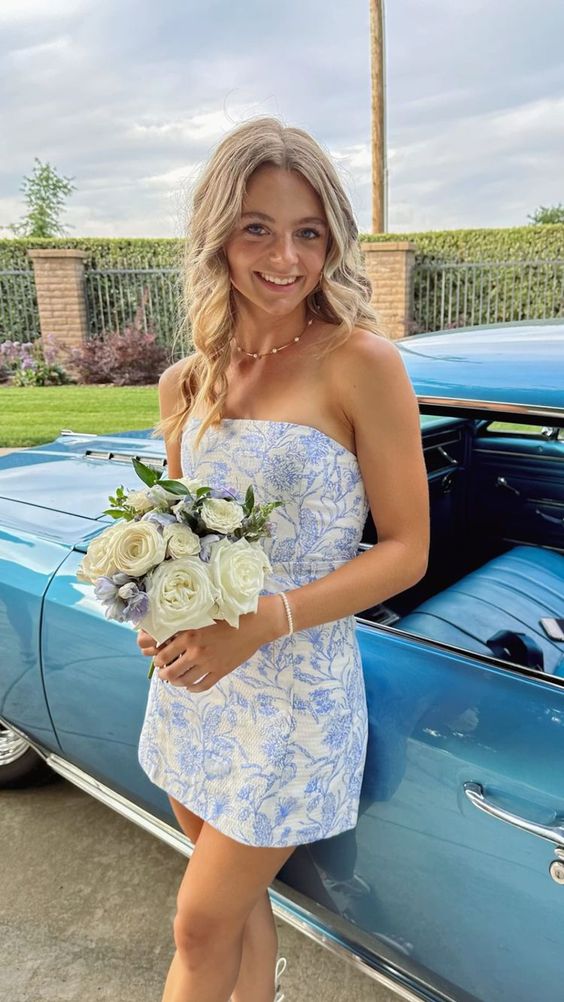 White Blue Floral Homecoming Dress Strapless Short Classy Prom Dress,