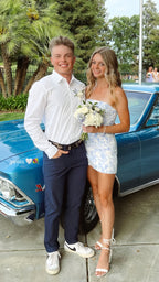 White Blue Floral Homecoming Dress Strapless Short Classy Prom Dress,