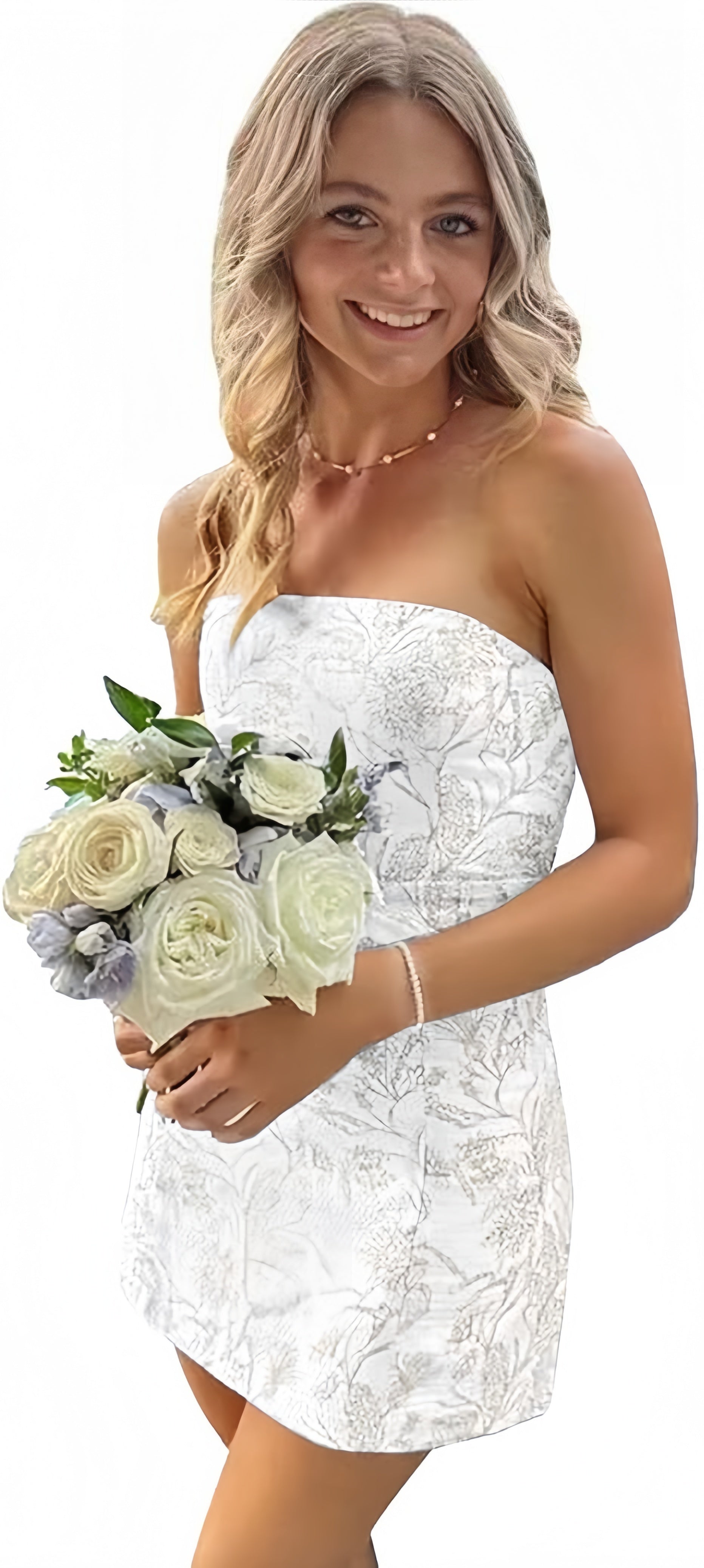 White Blue Floral Homecoming Dress Strapless Short Classy Prom Dress,